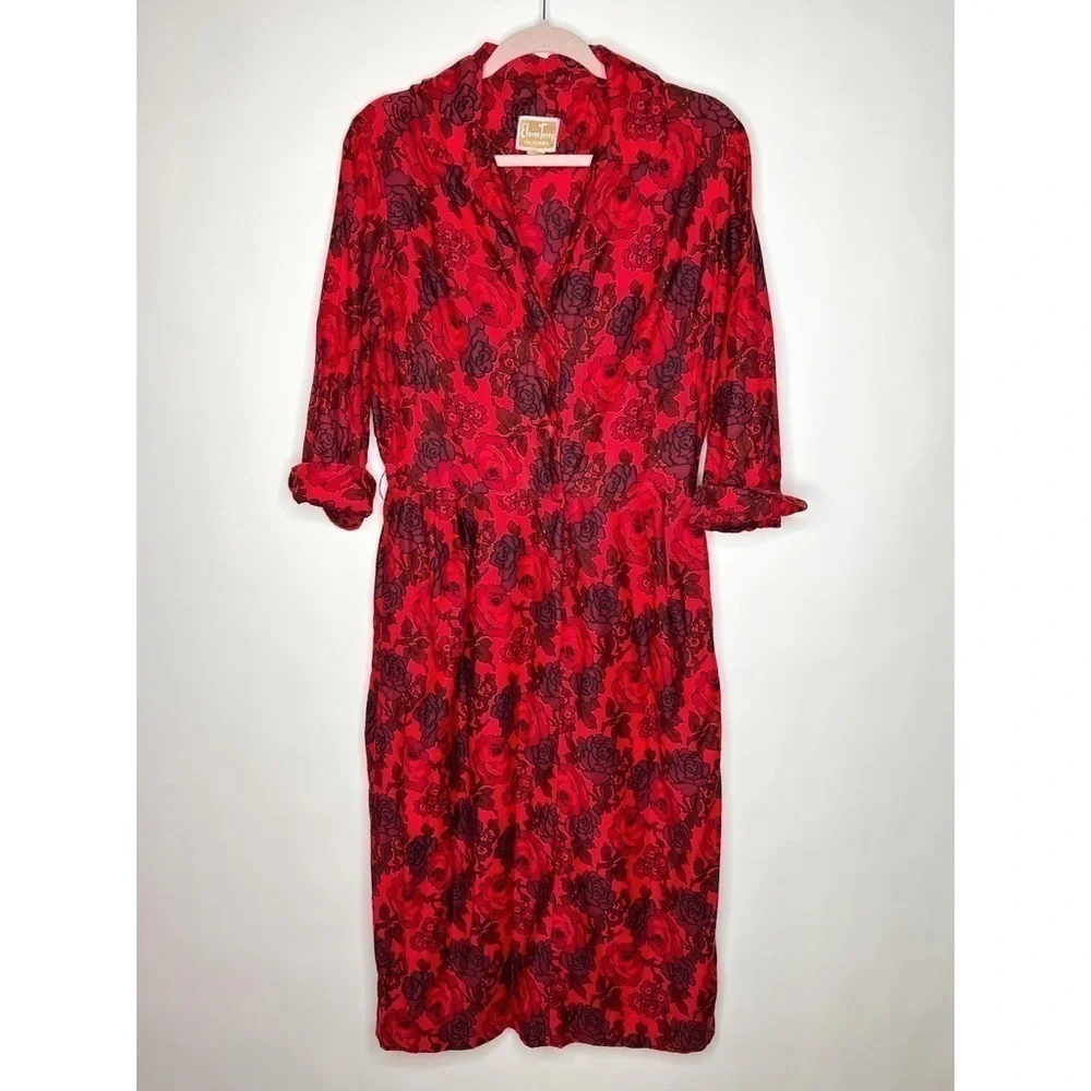 Vintage Floral Midi Dress Red Button Front 60s Sheath Elaine Terry Size Medium - Picture 1 of 13